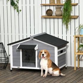 Wooden Cabin Style Outdoor Dog House with Openable Roof, Removable Bottom, Windows, Curtain, Foot Covers, Gray