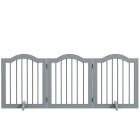 24" Freestanding Pet Gate For Dogs with 2 Support Feet, Light Grey