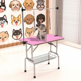Folding Dog Pet Grooming Table Stainless Steel Frame Rubber Mat on Board with Adjustable Arm and Clamps pet dog Cat Grooming Table (PINK COLO (size: 36")